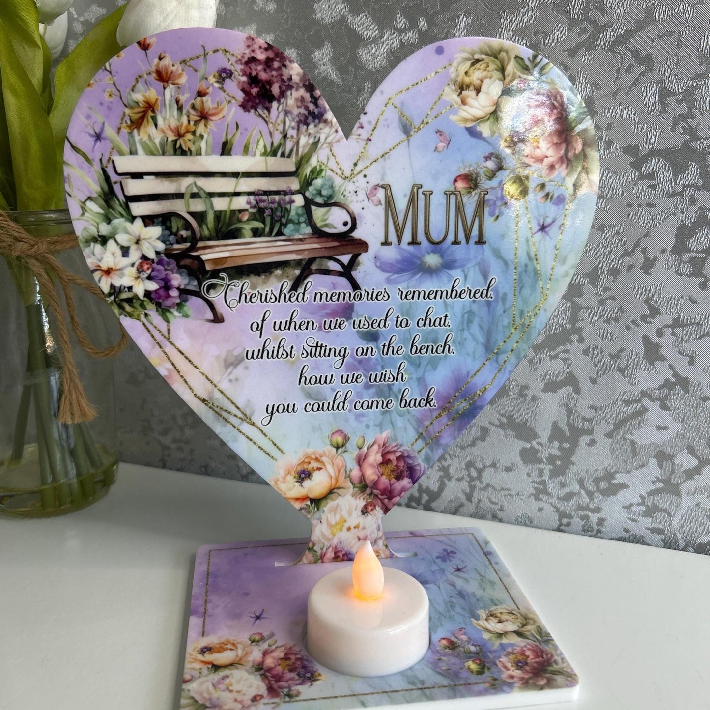 Mum Memorial Heart Tealight Plaque