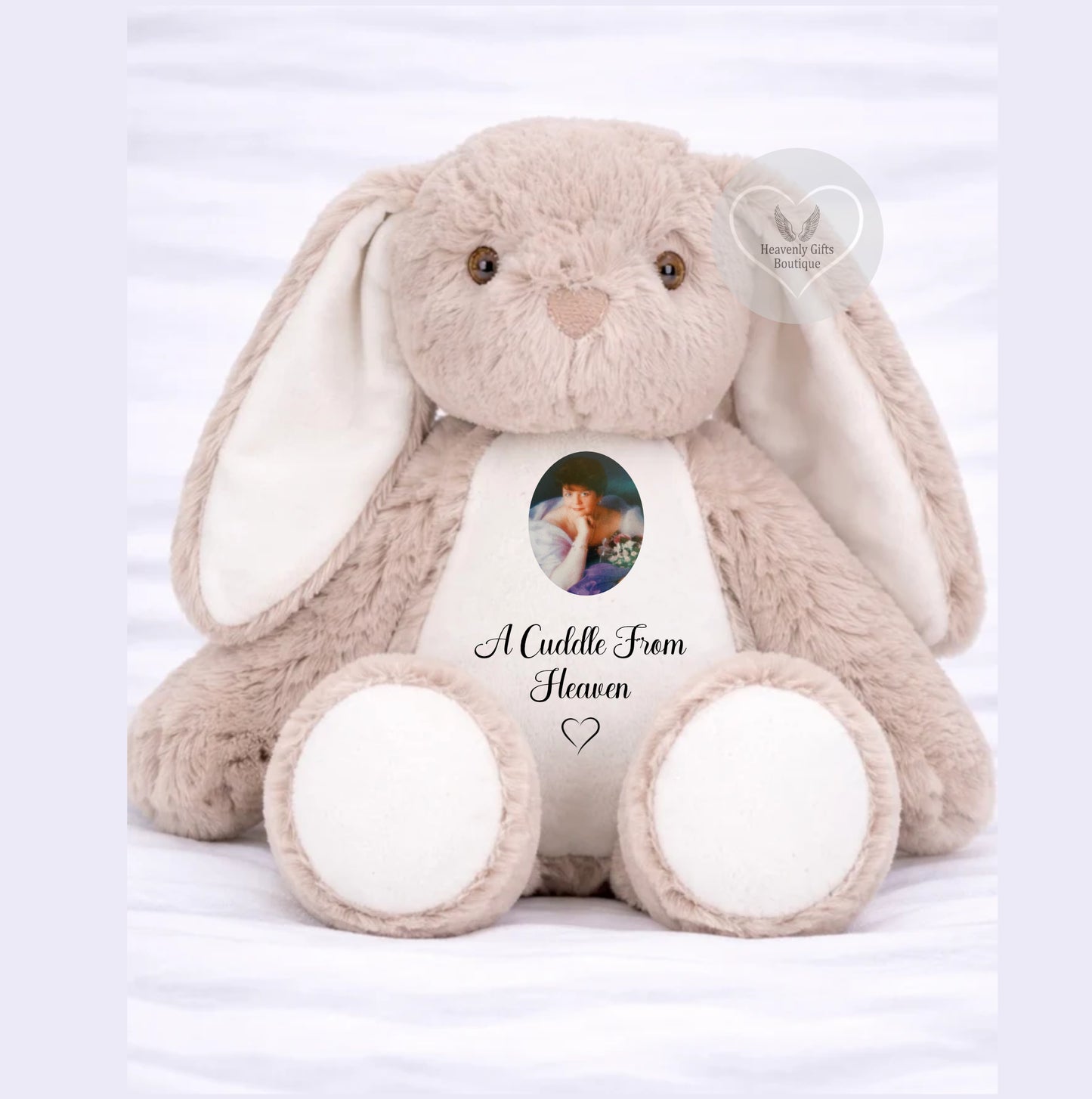 Beige memorial bunny with oval- shaped photo panel on the tummy