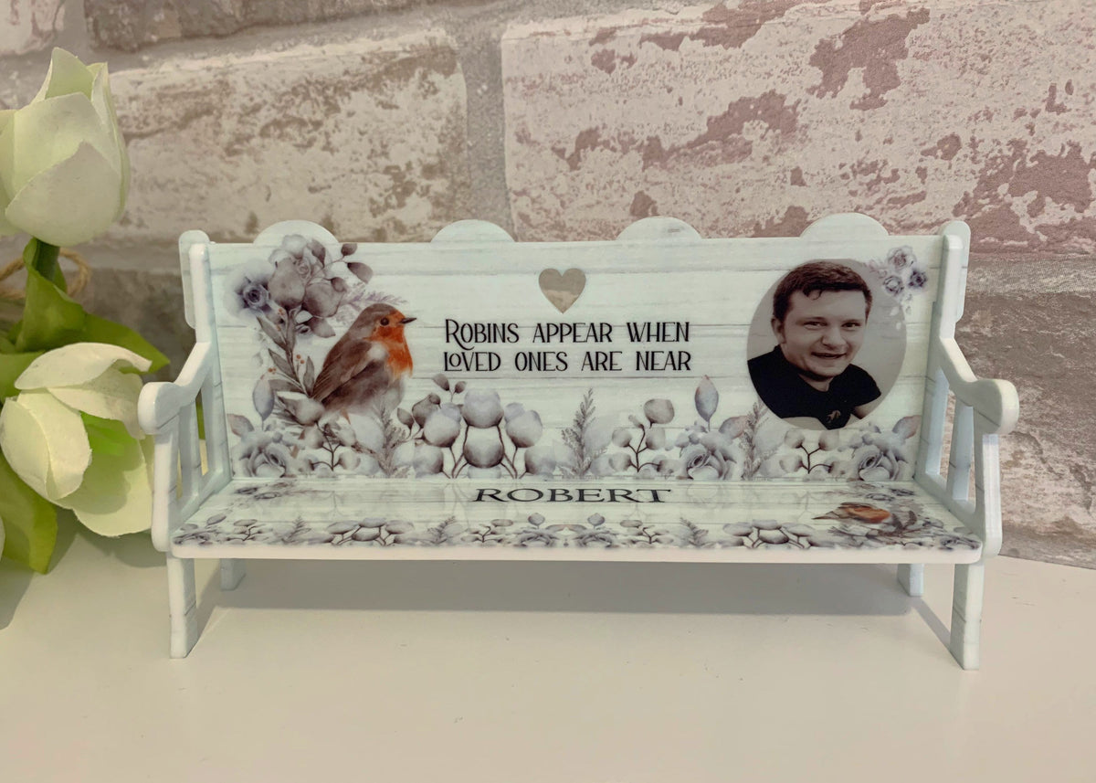 Acrylic Robin memorial bench with personalised wording with photo