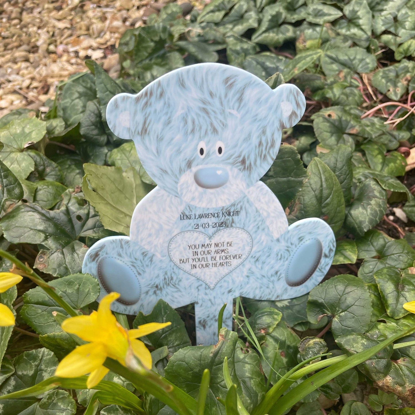 Blue teddy bear infant loss graveside memorial marker with custom text