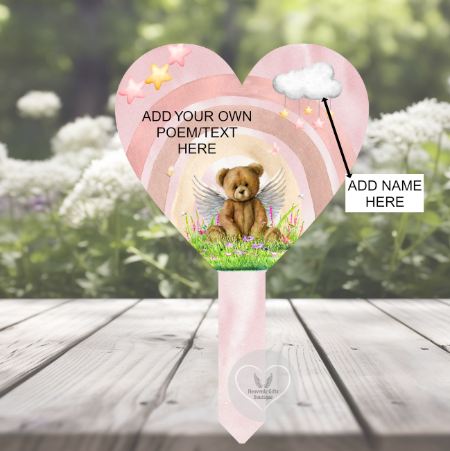 Pink baby memorial heart grave marker showing personalised name and own wording options
