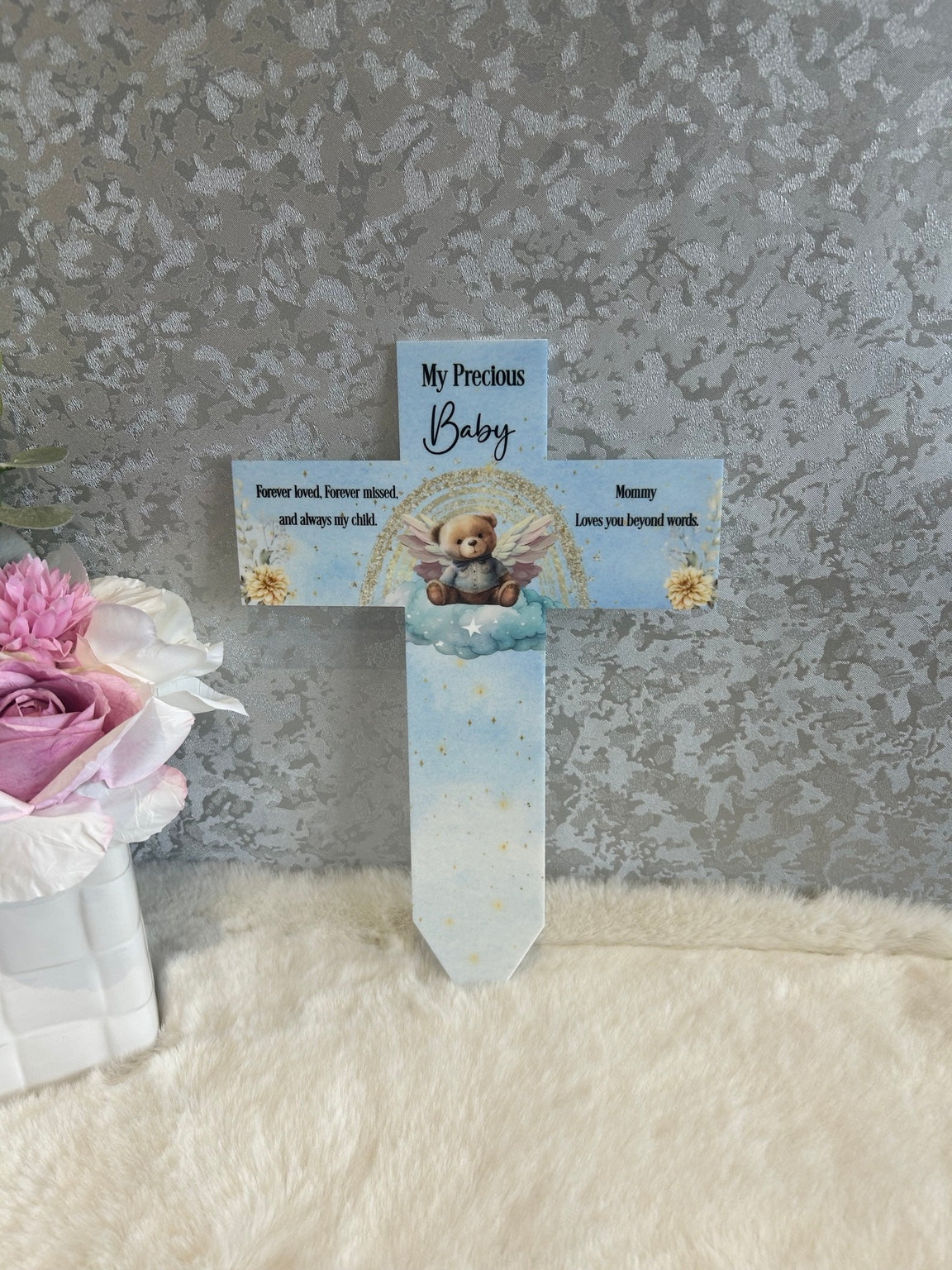 Blue personalised baby loss memorial cross grave marker with angel teddy bear design