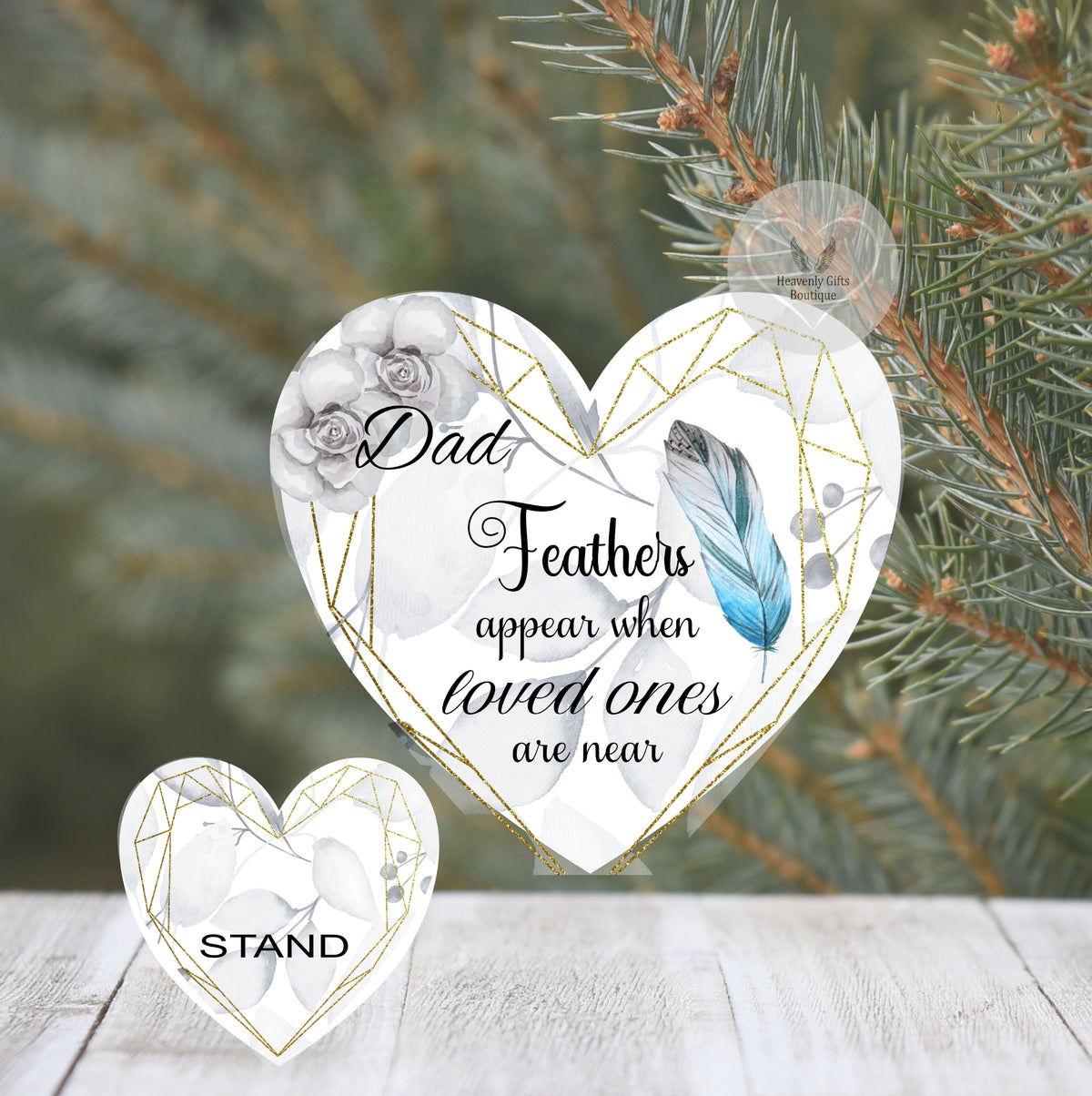 Blue Feathers Appear memorial heart plaque personalised with a loved one's name