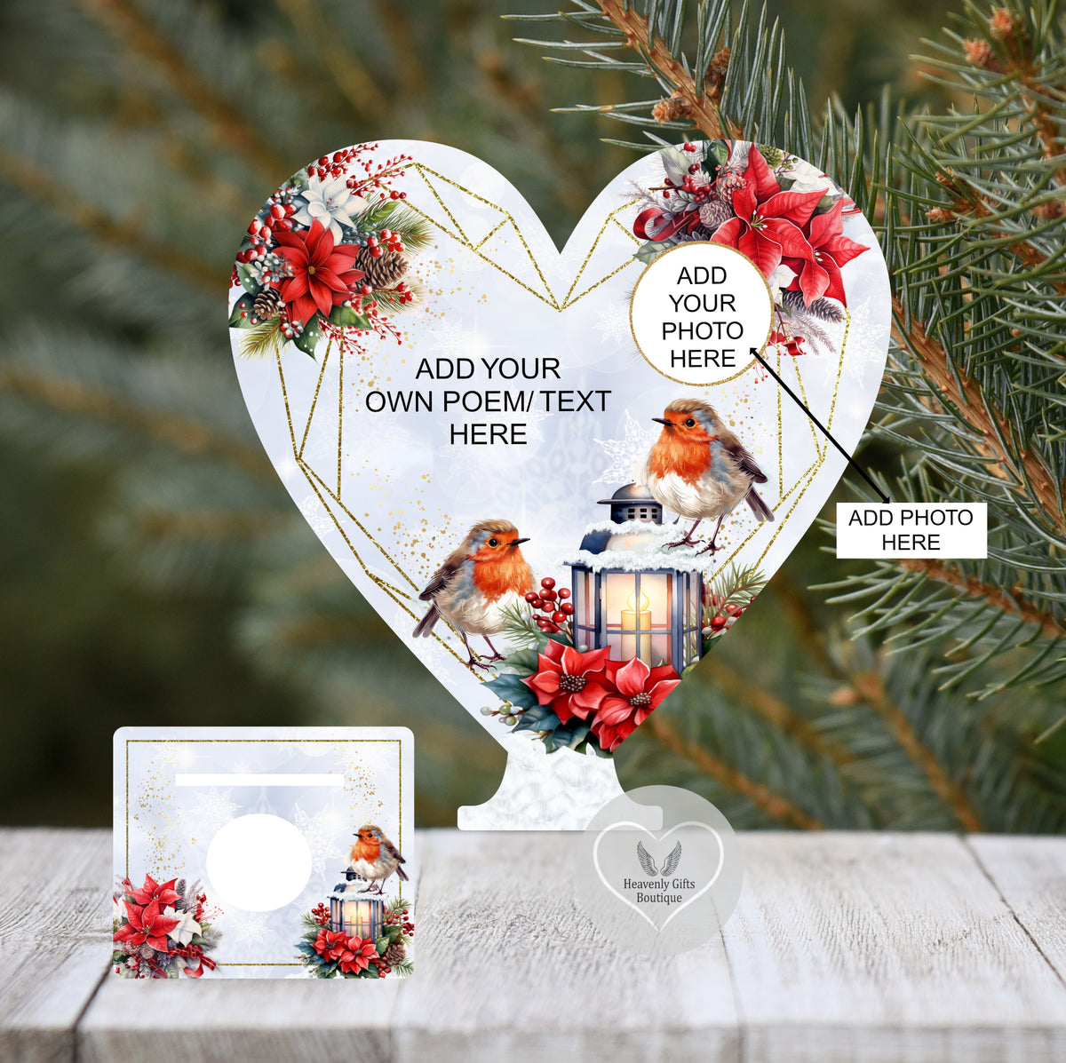 Christmas robin memorial tealight holder with own wording and photograph