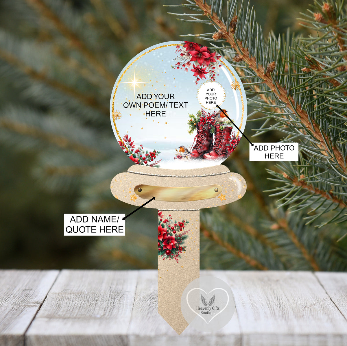 Christmas snow globe grave marker with own wording and photograph