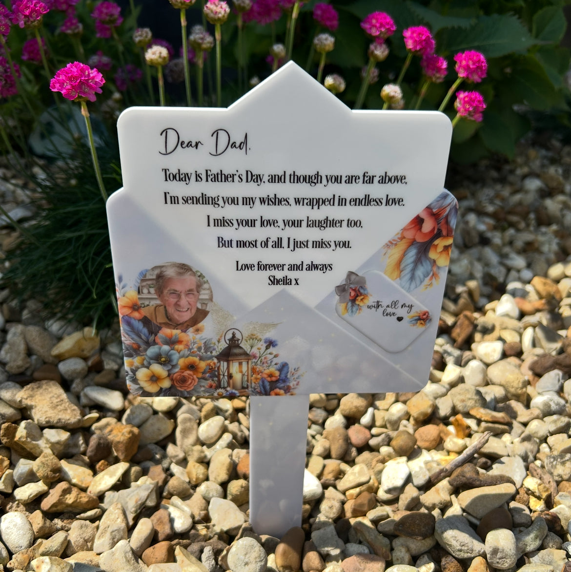 Personalised Dear Dad memorial letter grave marker displayed outdoors