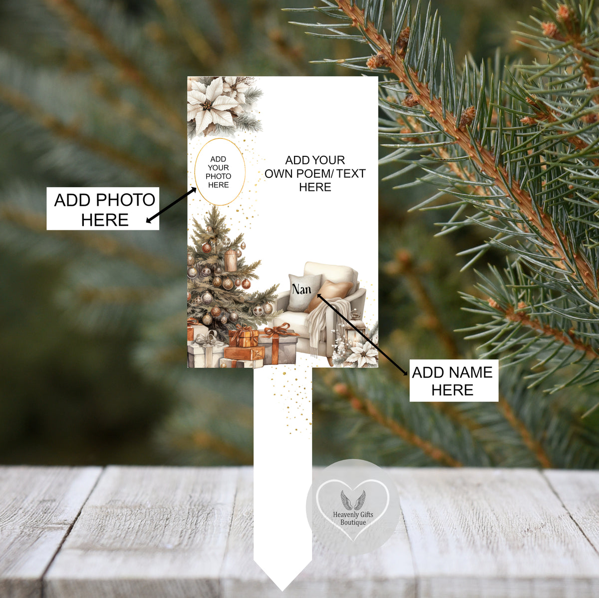 Christmas armchair grave marker with own wording and photograph