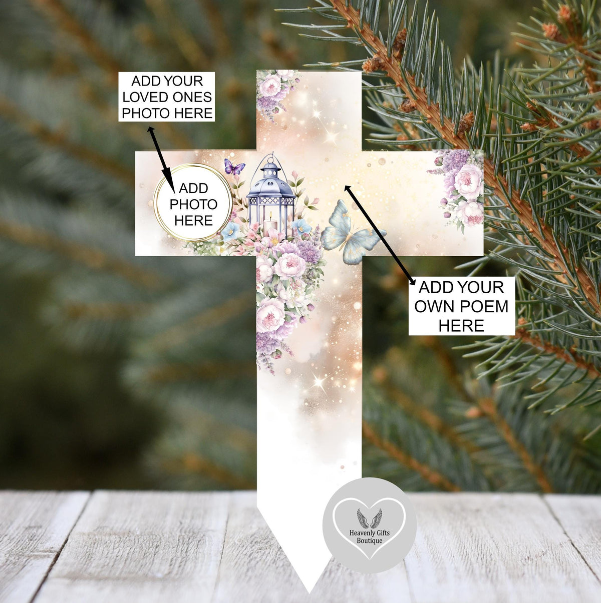 Floral cross grave marker personalised with your own memorial wording