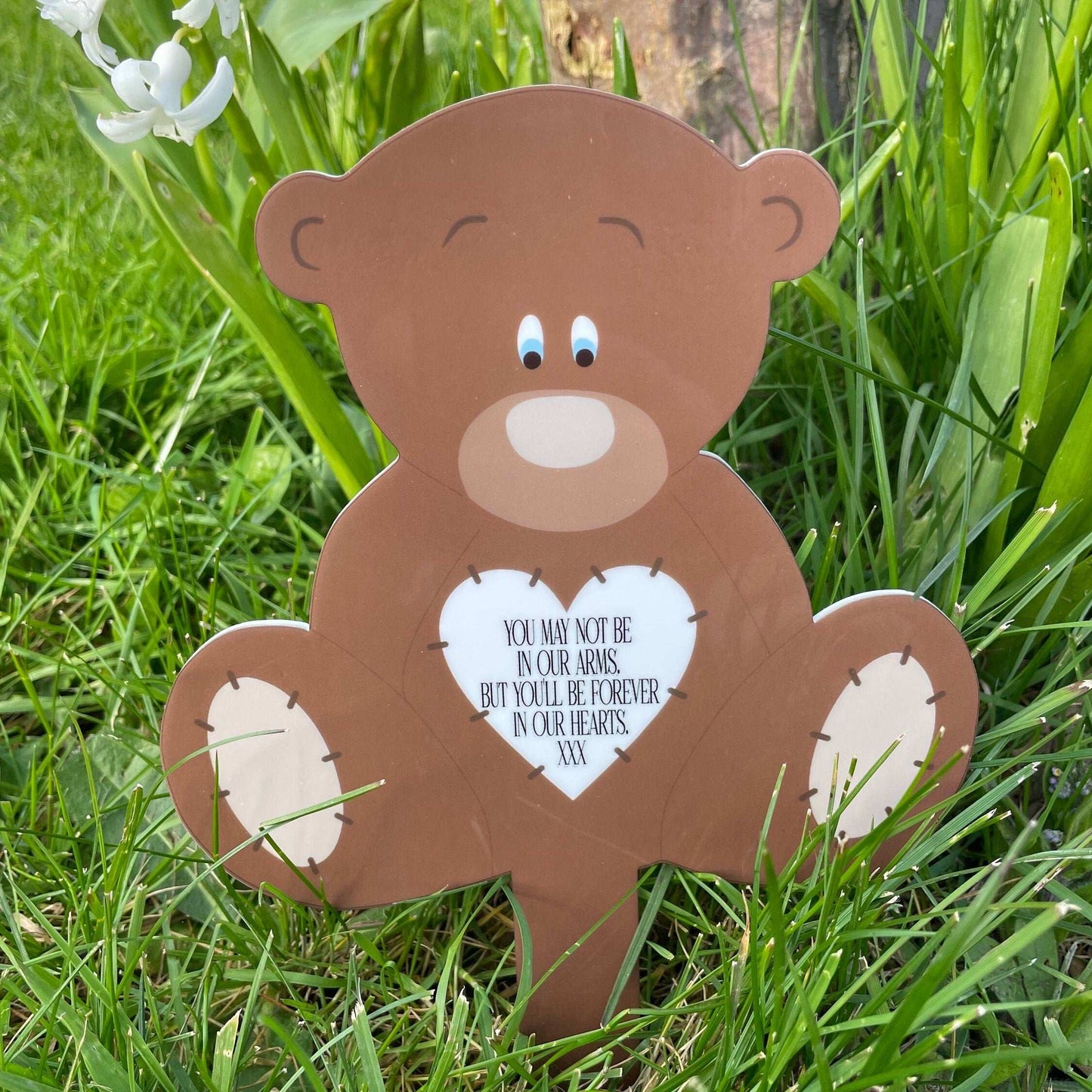 Brown teddy bear memorial grave marker personalised with name and remembrance quote