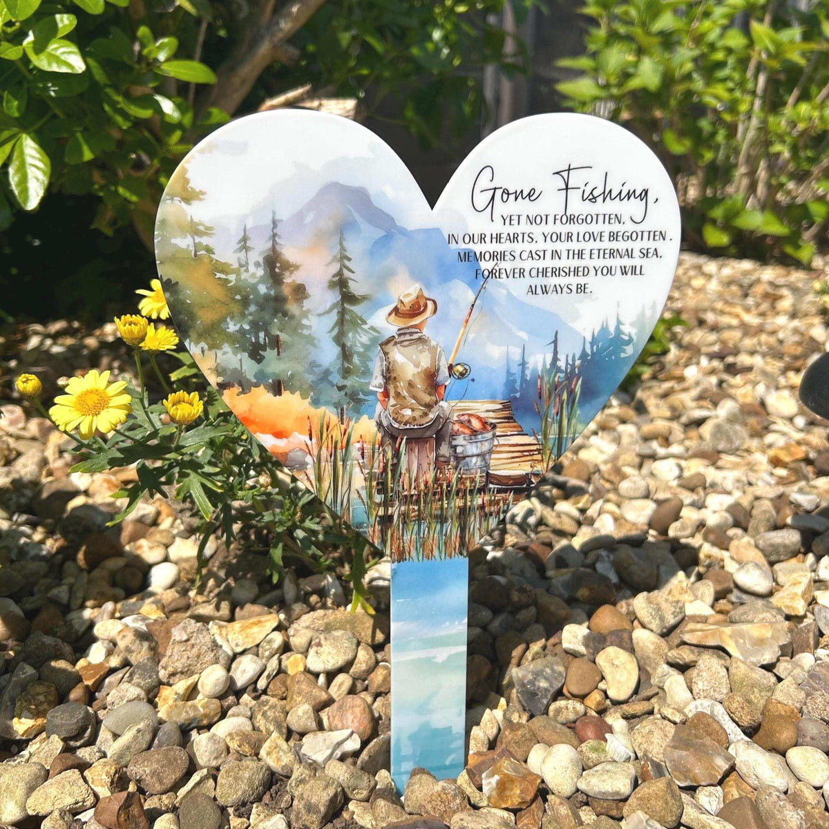 Personalised Gone Fishing graveside marker in a heart-shaped design