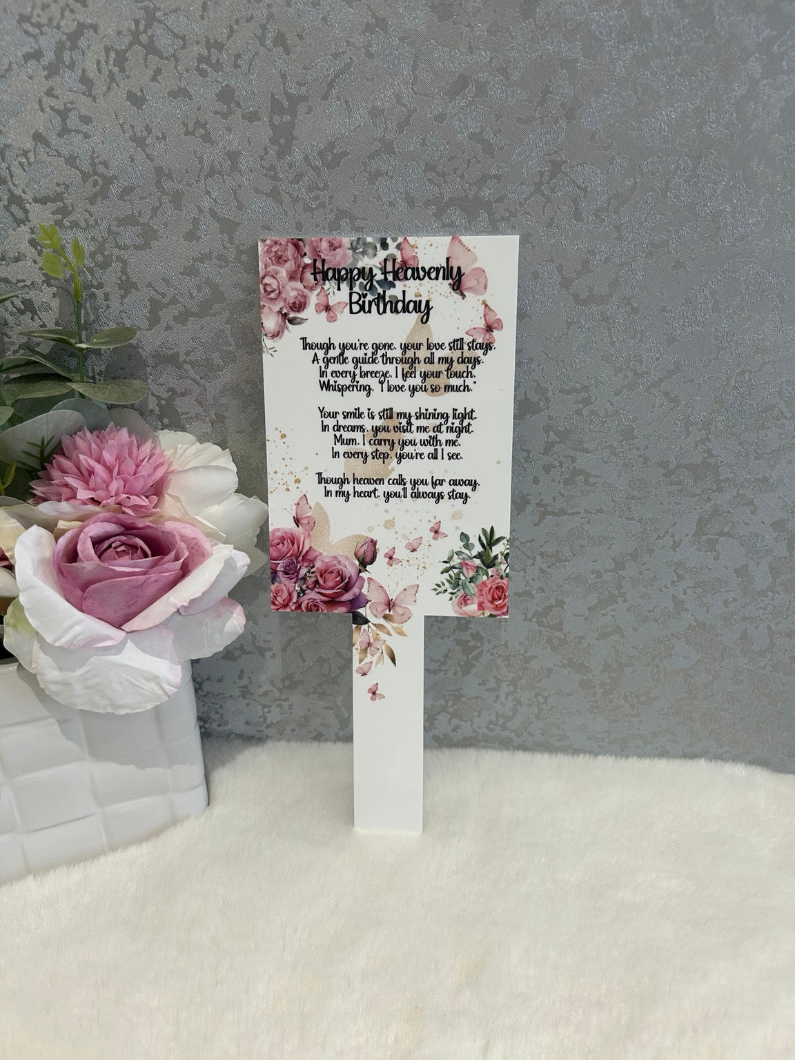 Happy Heavenly Birthday Mum memorial grave marker with pink roses and butterflies