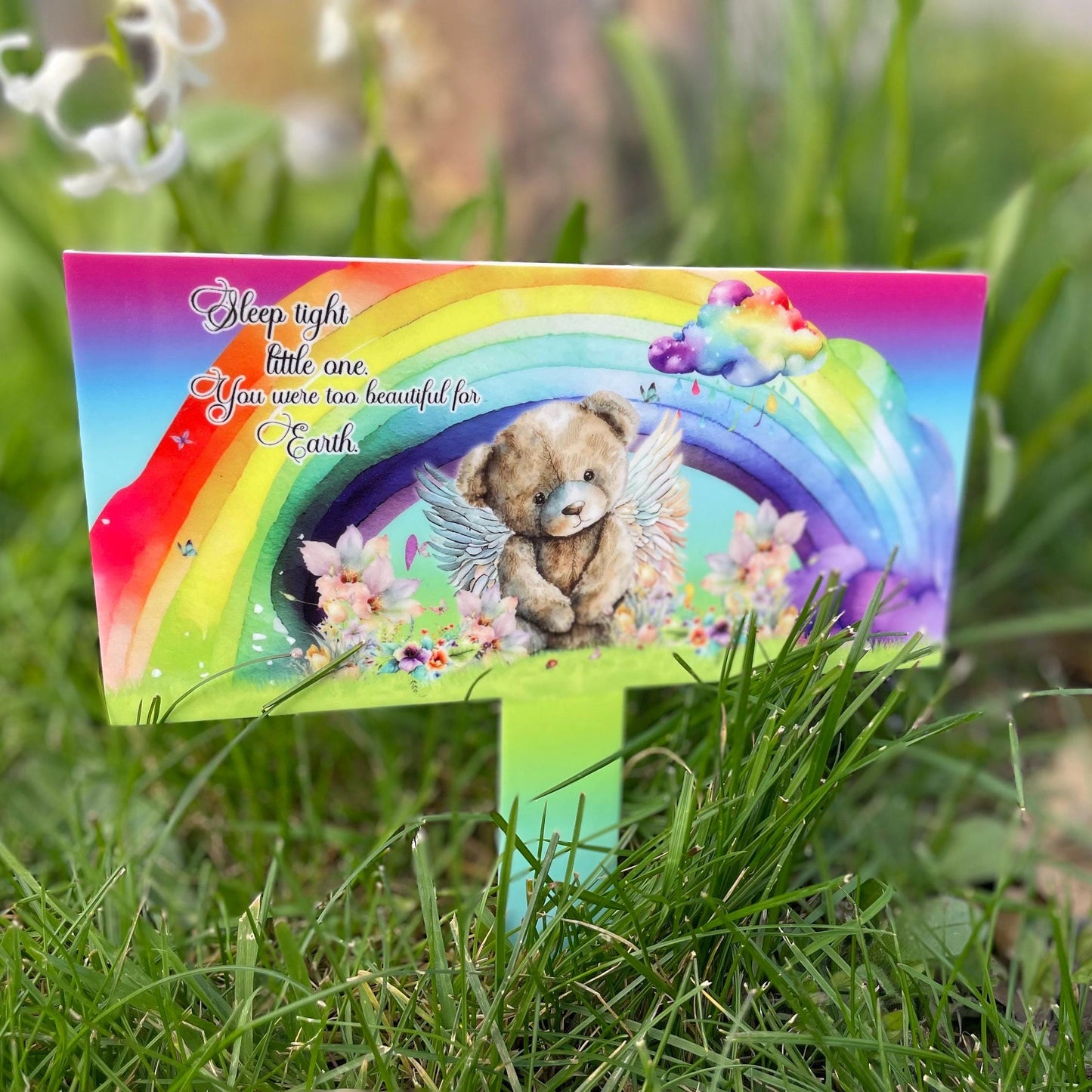 Sleep Tight Little One- Teddy Bear Rainbow Grave Marker