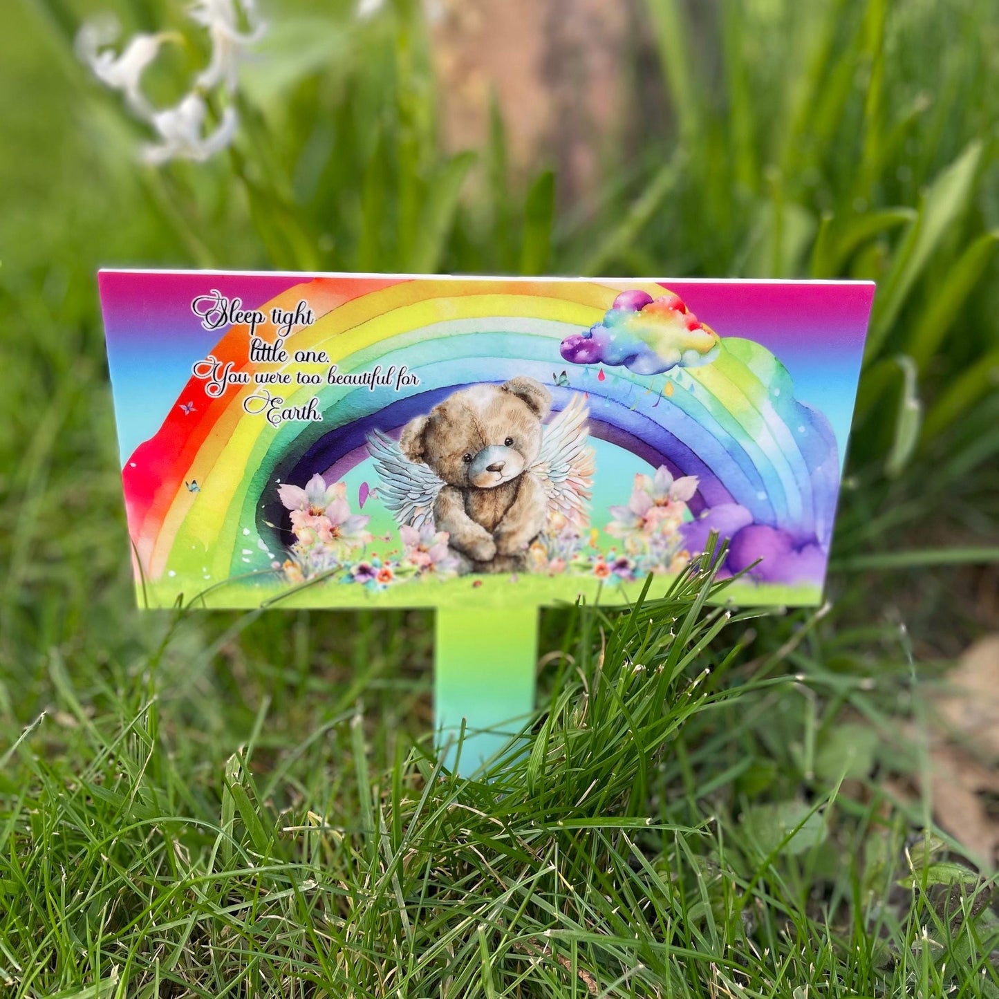 Sleep Tight Little One- Teddy Bear Rainbow Grave Marker