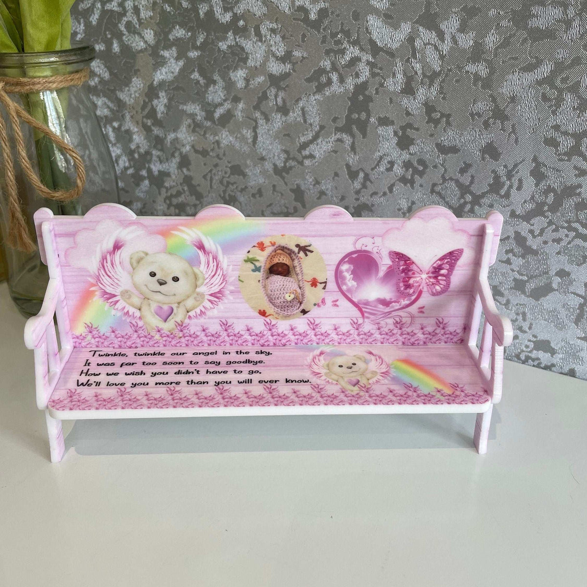 Personalised baby memorial bench keepsake with teddy bear remembrance design