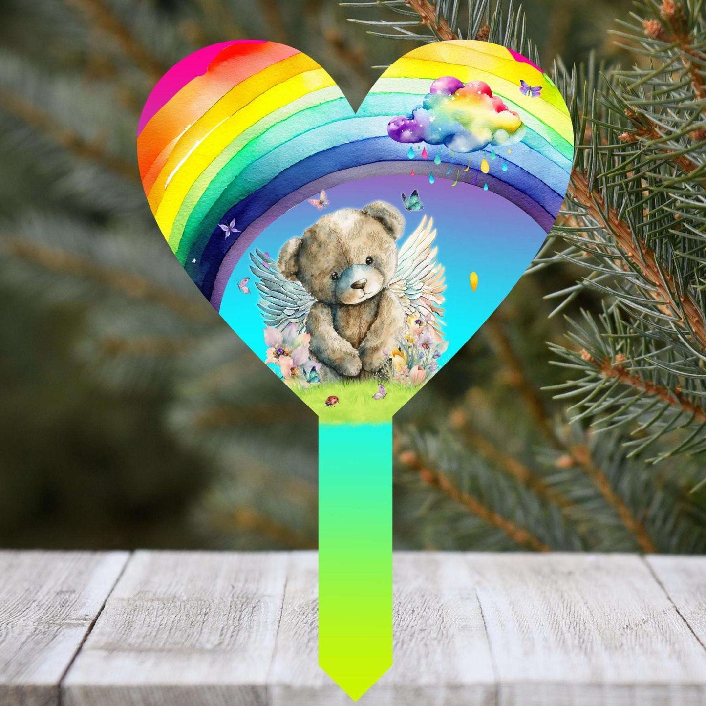 Personalised baby loss teddy bear rainbow grave marker with remembrance wording