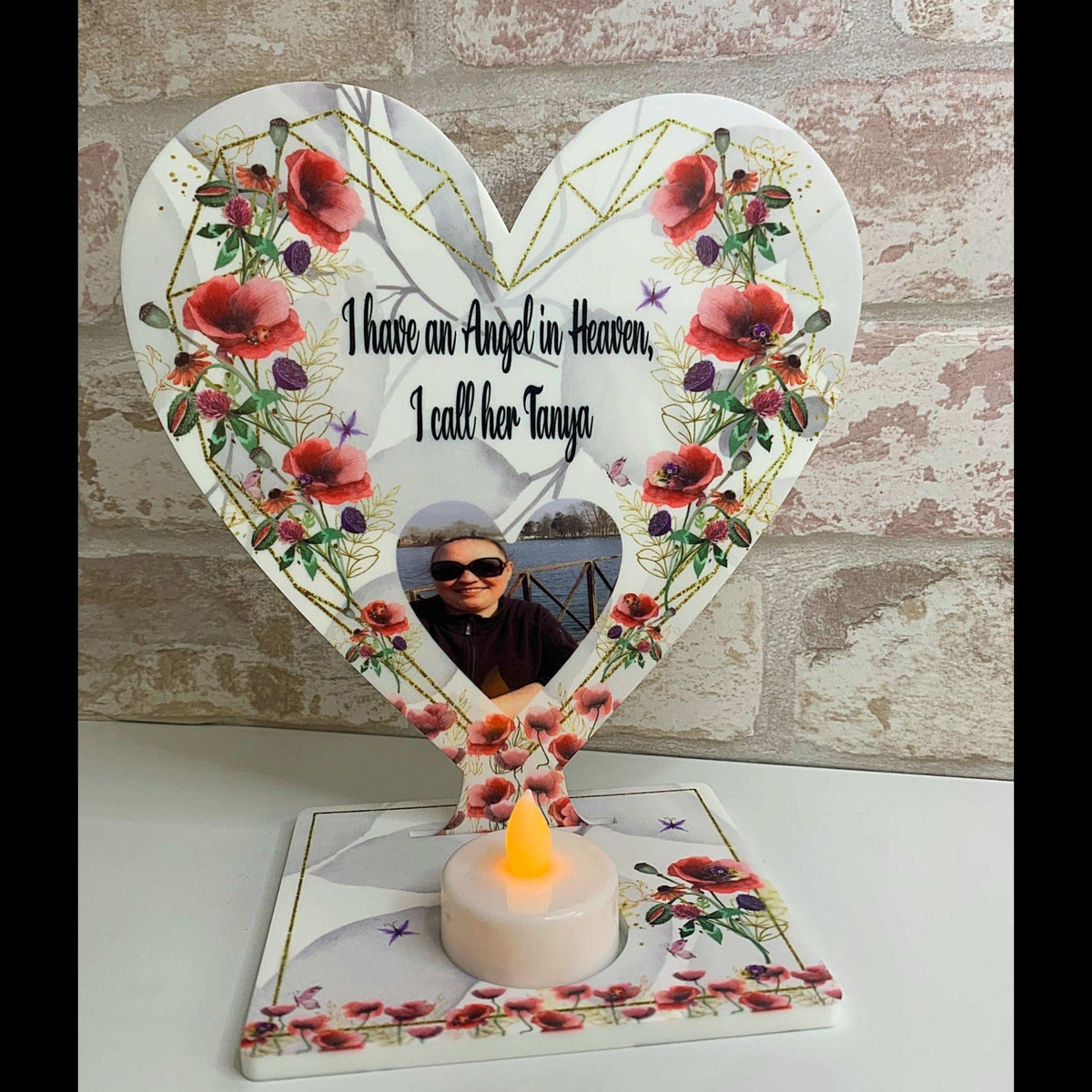Personalised poppy memorial tealight plaque with optional photo and wording