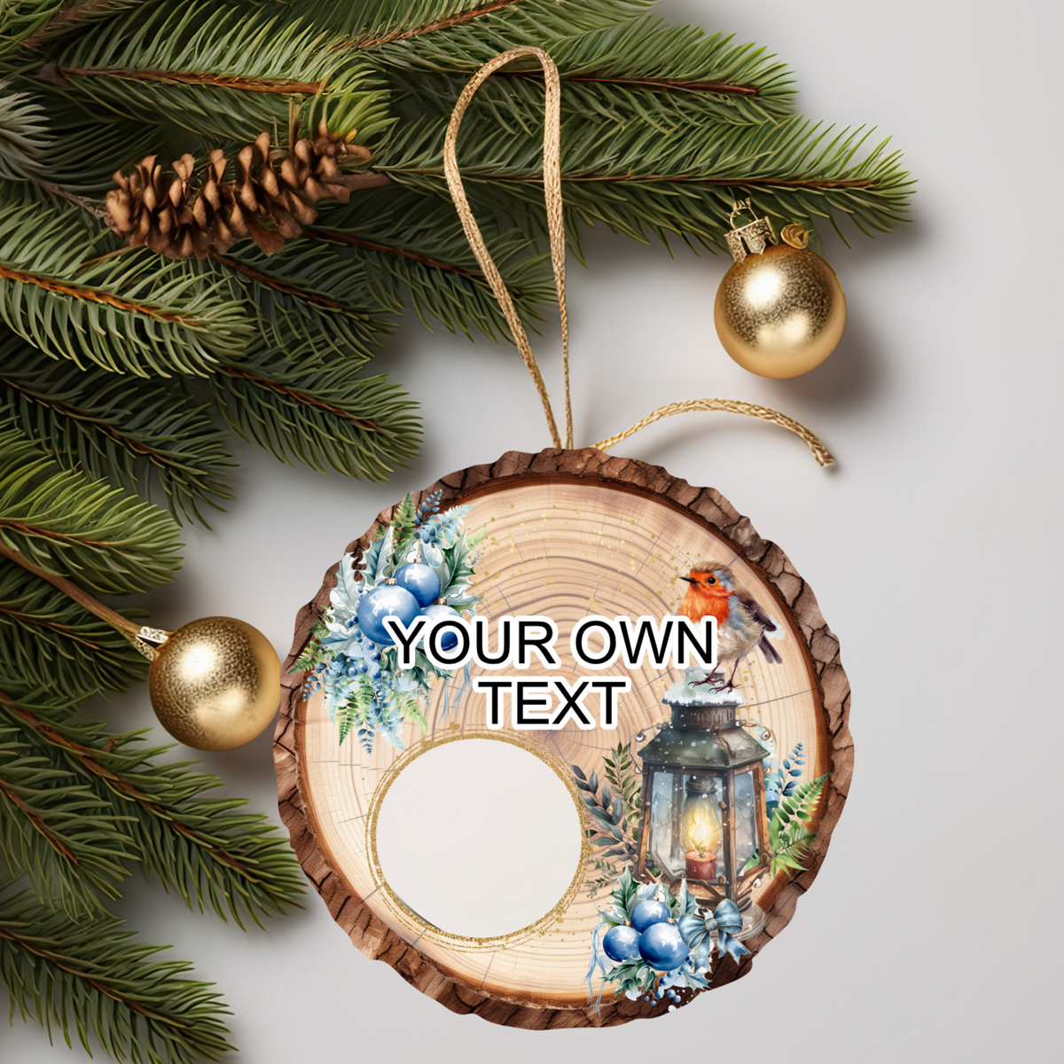Personalised robin memorial Christmas bauble with own text and photo