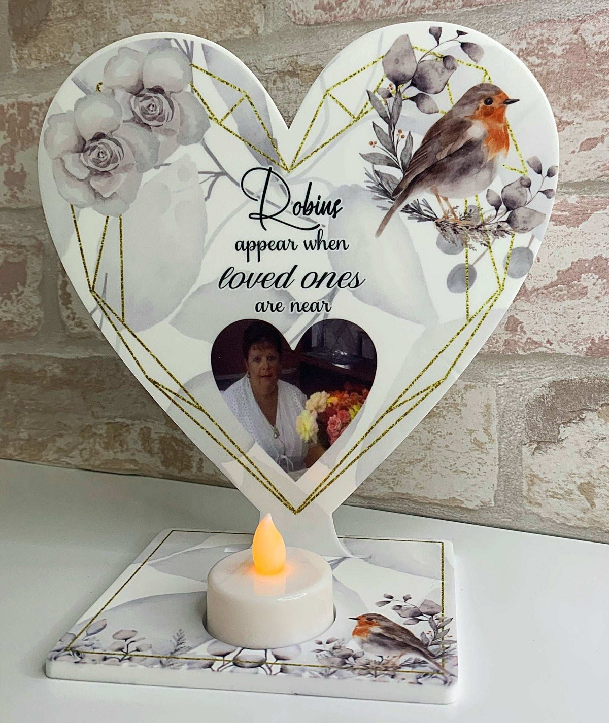 Personalised robin memorial tealight plaque with optional photo and wording