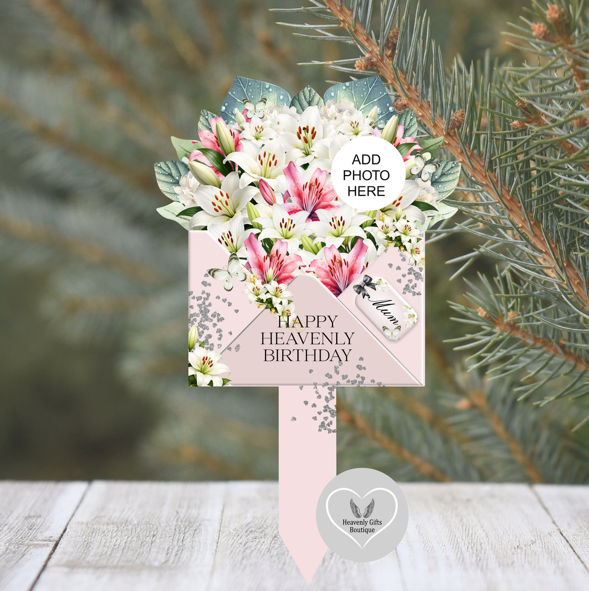 Pink lily birthday memorial grave marker personalised with photograph