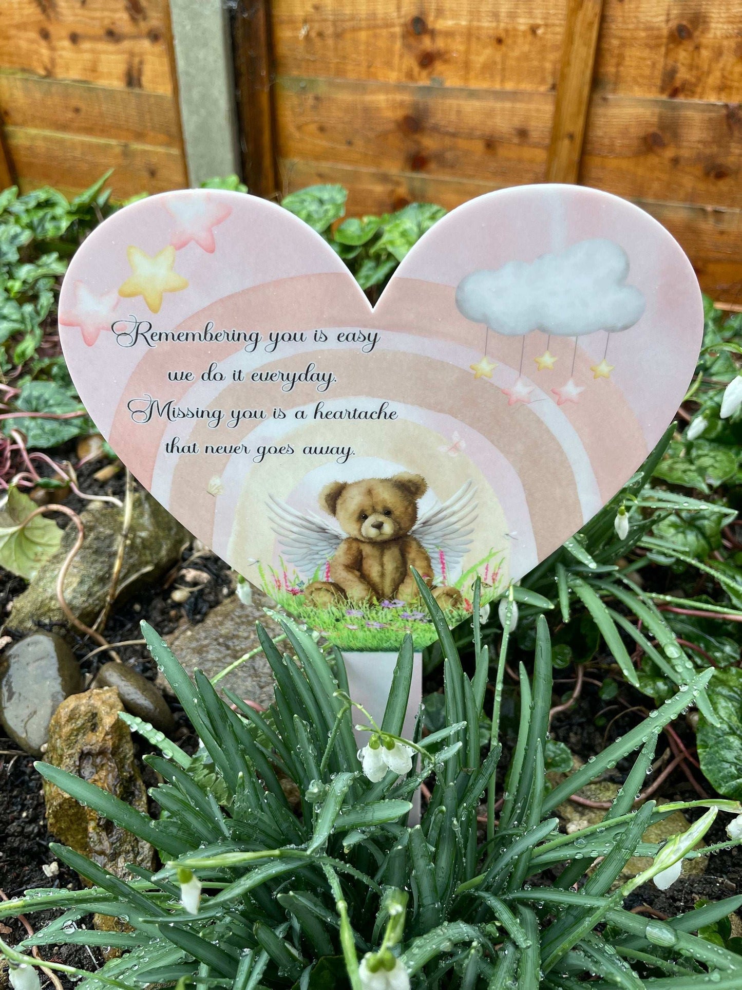 Pink teddy bear rainbow baby grave marker with personalised wording