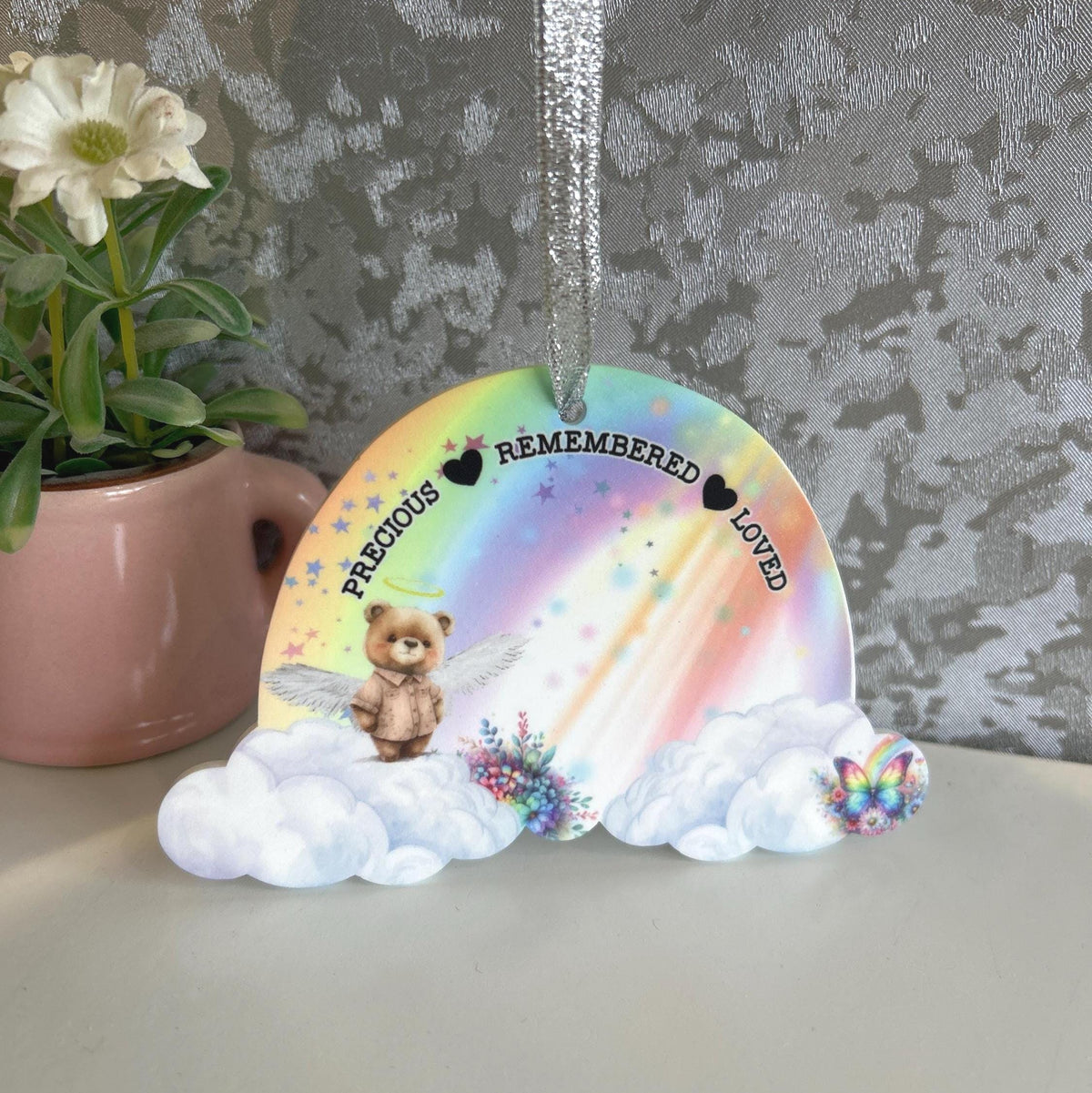 Rainbow baby loss memorial keepsake with angel teddy design