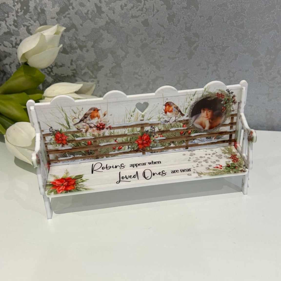 Personalised Robins Appear Christmas memorial bench with loved one photo and festive robin design