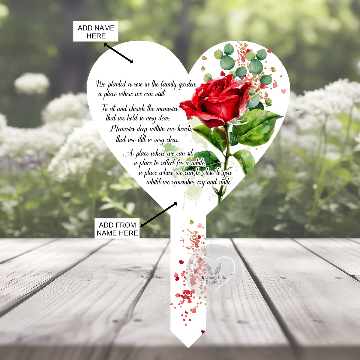 Rose floral remembrance grave marker with heart-shaped design