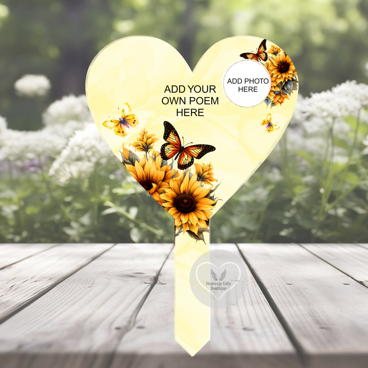 Sunflower and butterfly grave marker with your own wording and personalised photo