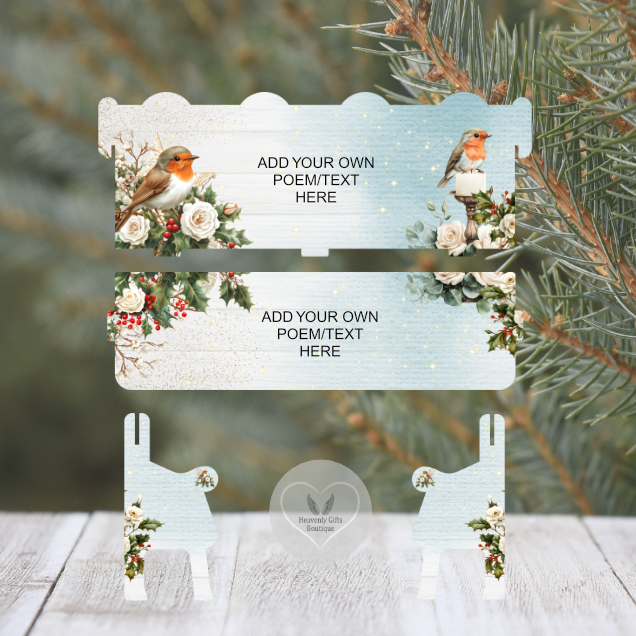 White rose and robin Christmas remembrance bench personalised for a loved one