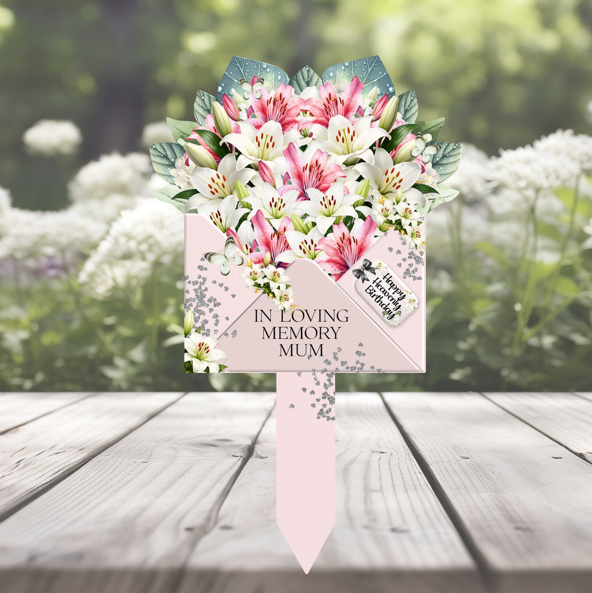 Pink lily flower bouquet memorial grave marker
