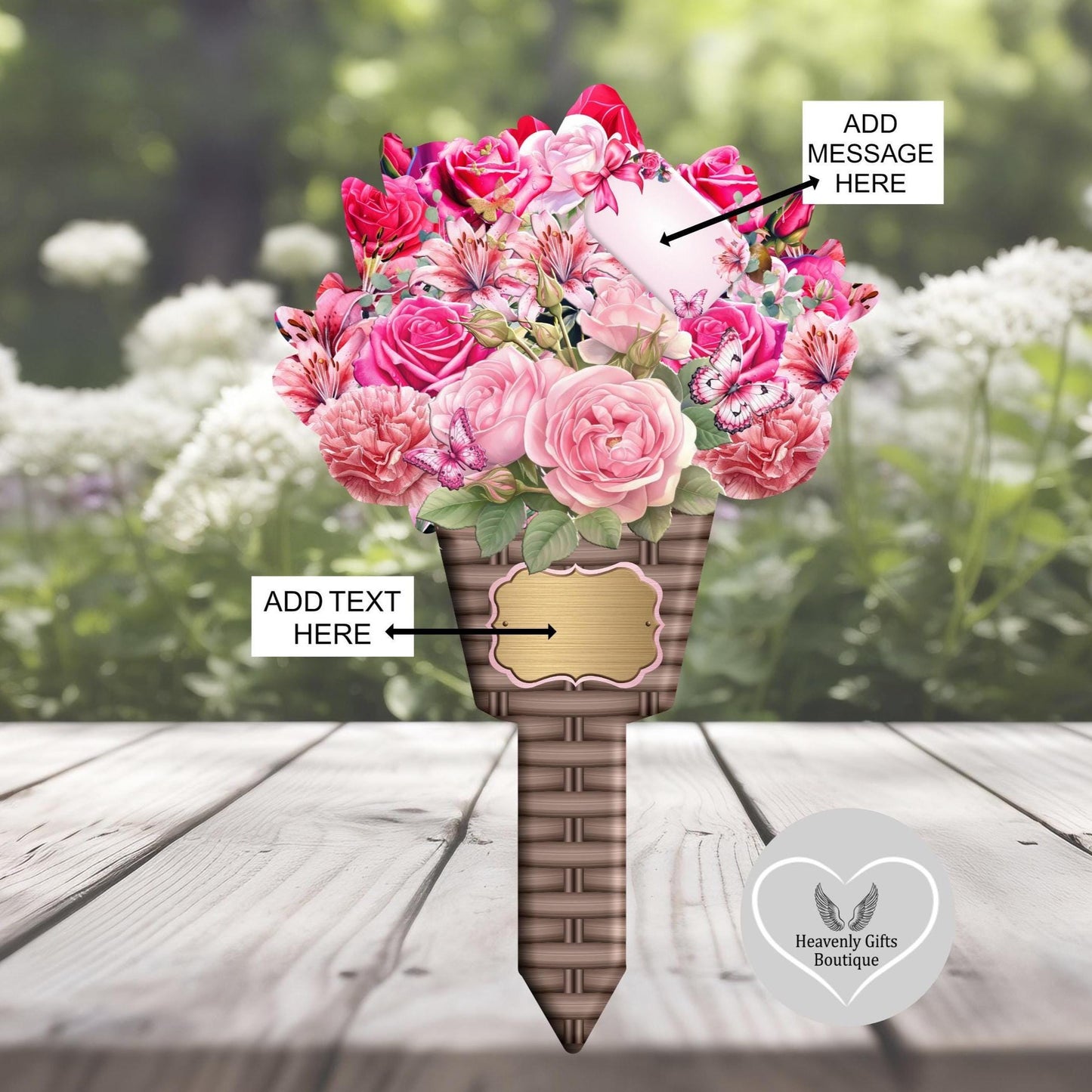 Floral arrangement in a decorative vase on a wooden surface with text overlay