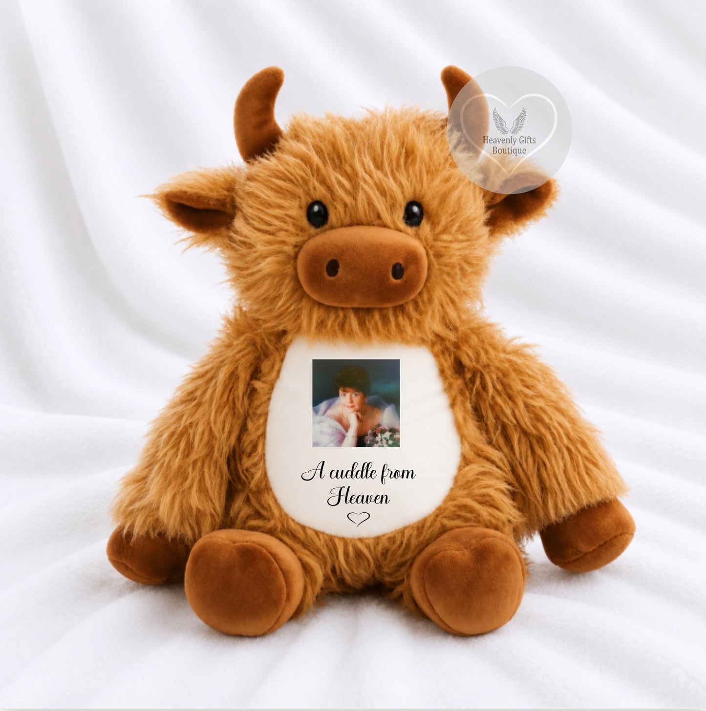Highland cow memorial bear with photo panel on the tummy