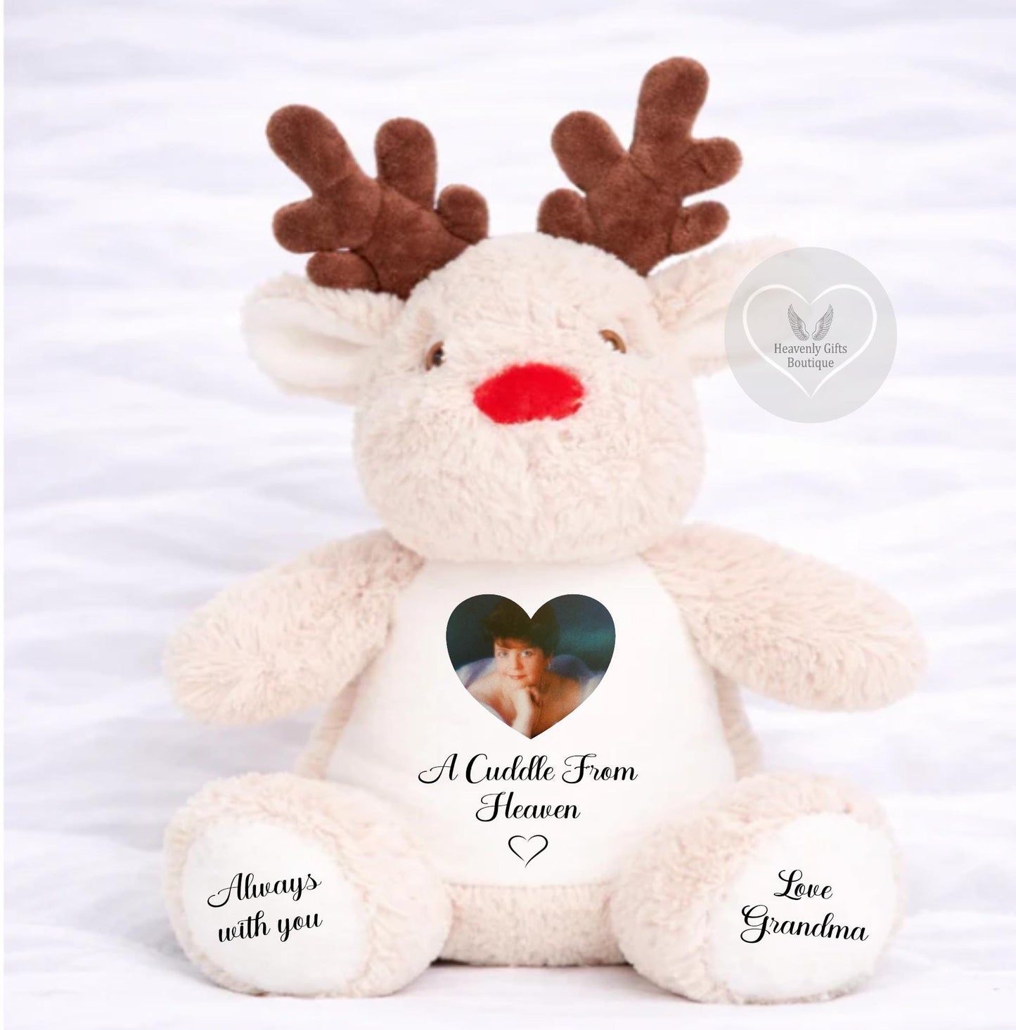 Personalised memorial reindeer with A Cuddle From Heaven wording and personalised feet