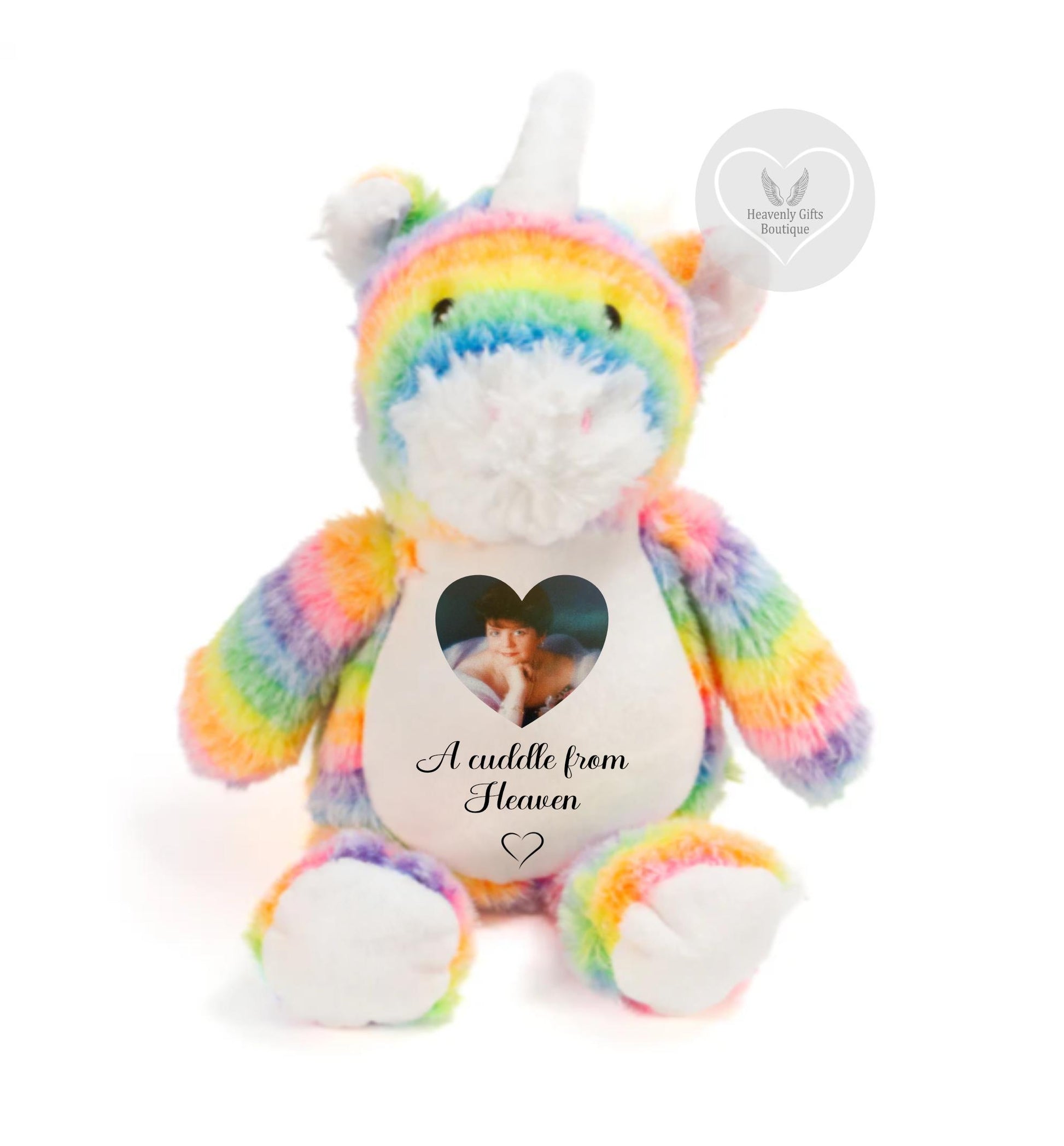 Cuddle Me Tight rainbow unicorn memorial bear with personalised photo