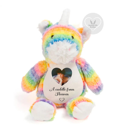 Cuddle Me Tight rainbow unicorn memorial bear with personalised photo