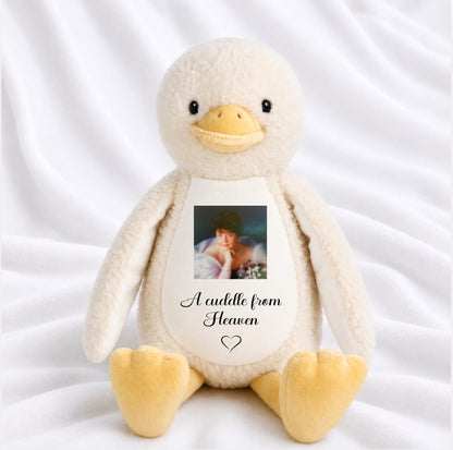 A Cuddle From Heaven memorial duck with personalised square photo