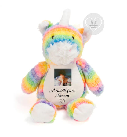 Personalised rainbow unicorn memorial bear with photo and custom message