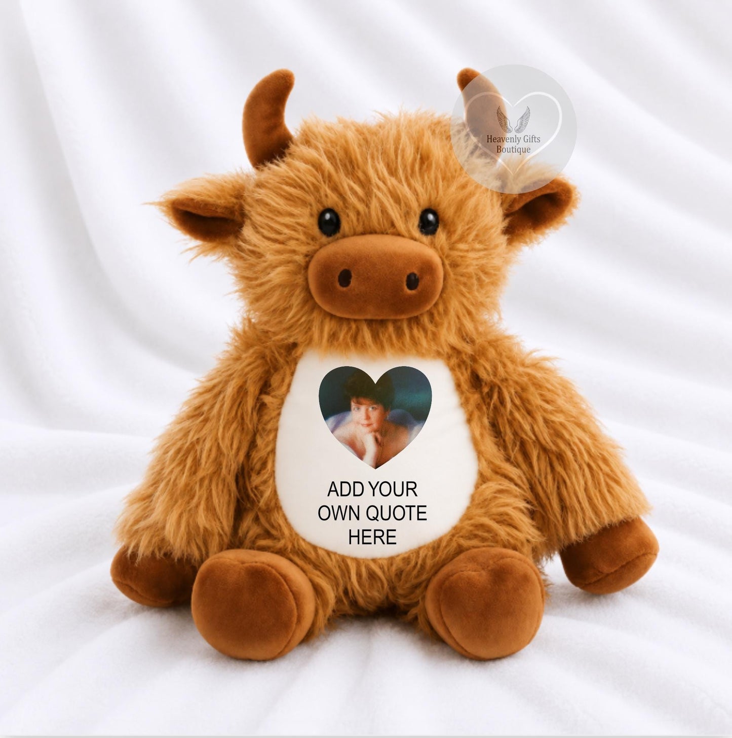 A Highland cow memory bear personalised with your photo and wording.