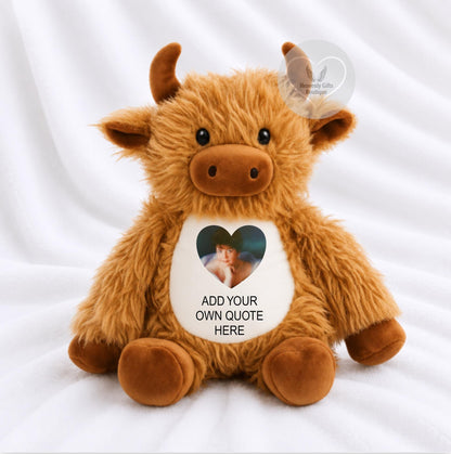 A Highland cow memory bear personalised with your photo and wording.