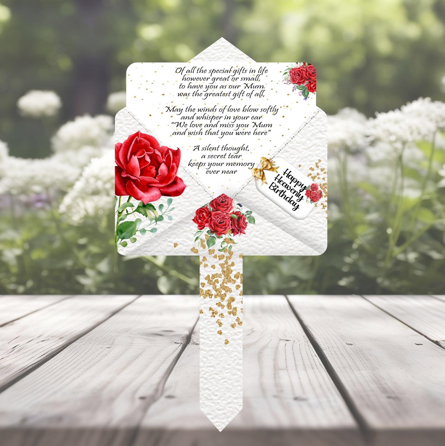 Decorative letter with red roses and text for mum on her birthday or anniversary in heaven