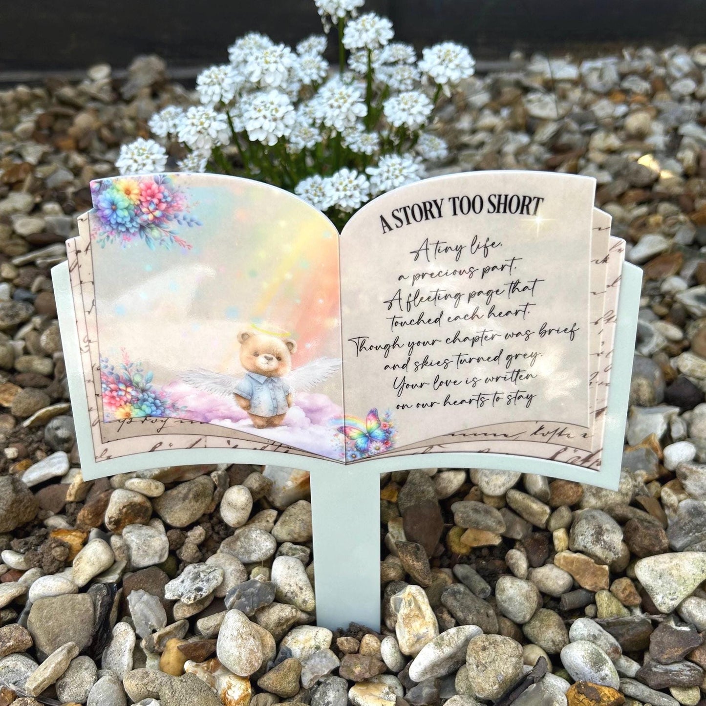 Personalised baby loss open book grave marker with teddy bear