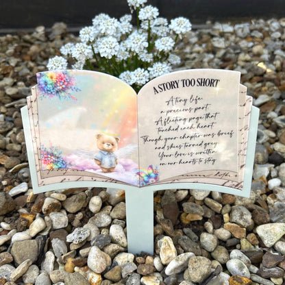 Personalised baby loss open book grave marker with teddy bear