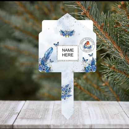 Robin memorial marker with blue feather design and custom text