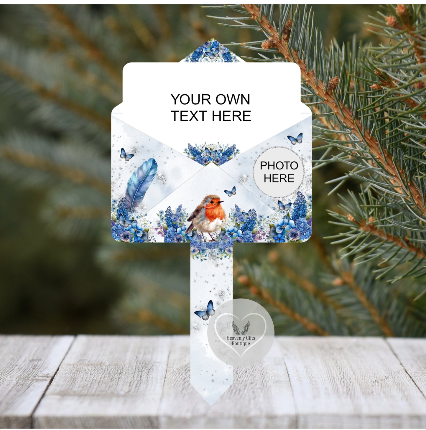 Blue feather and robin design with custom text graveside marker