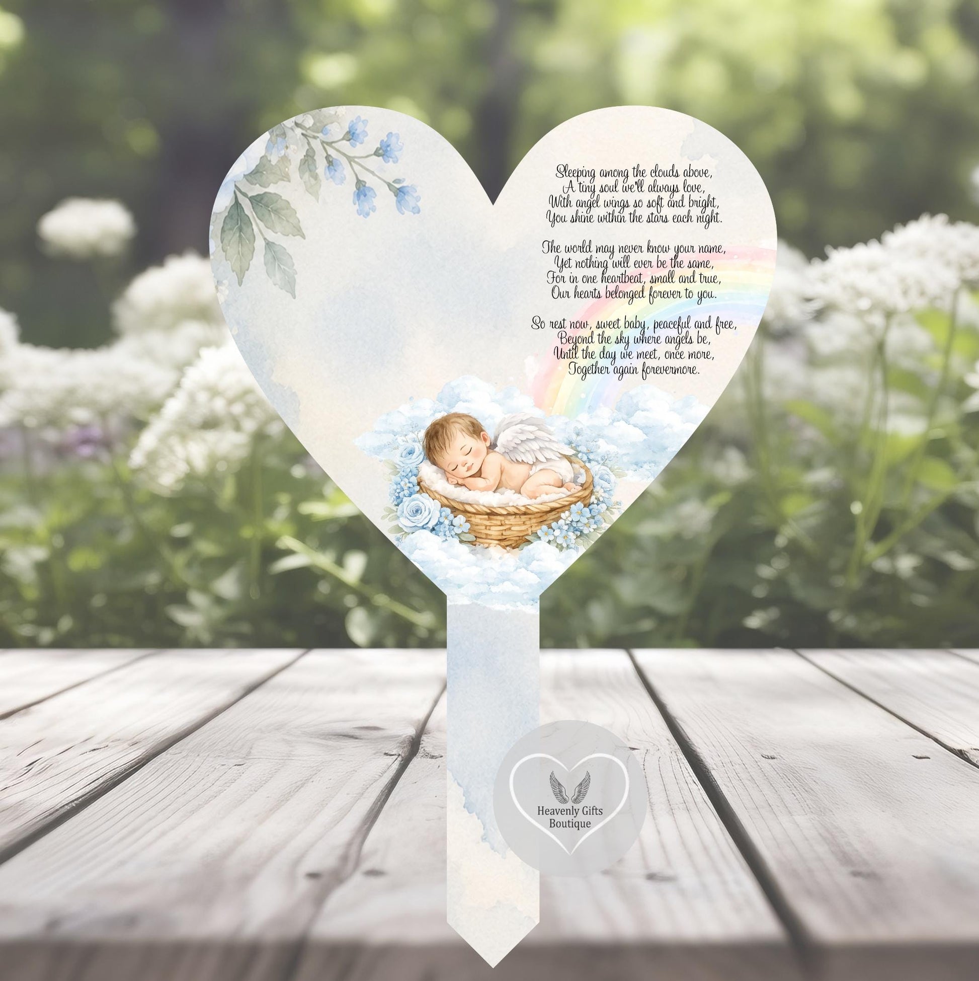 Blue personalised baby loss memorial grave marker with name and remembrance poem