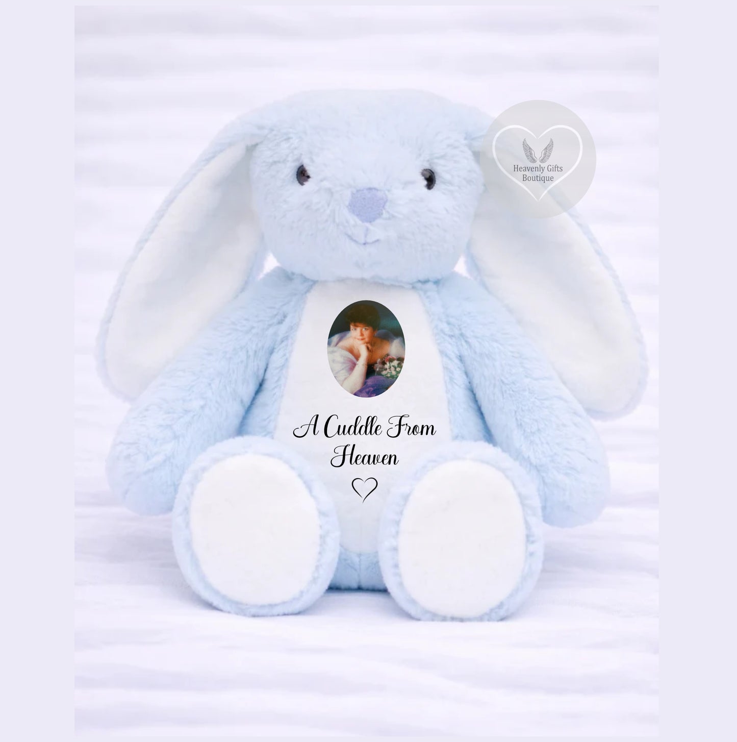Blue memorial bunny with ‘A cuddle from Heaven’ wording
