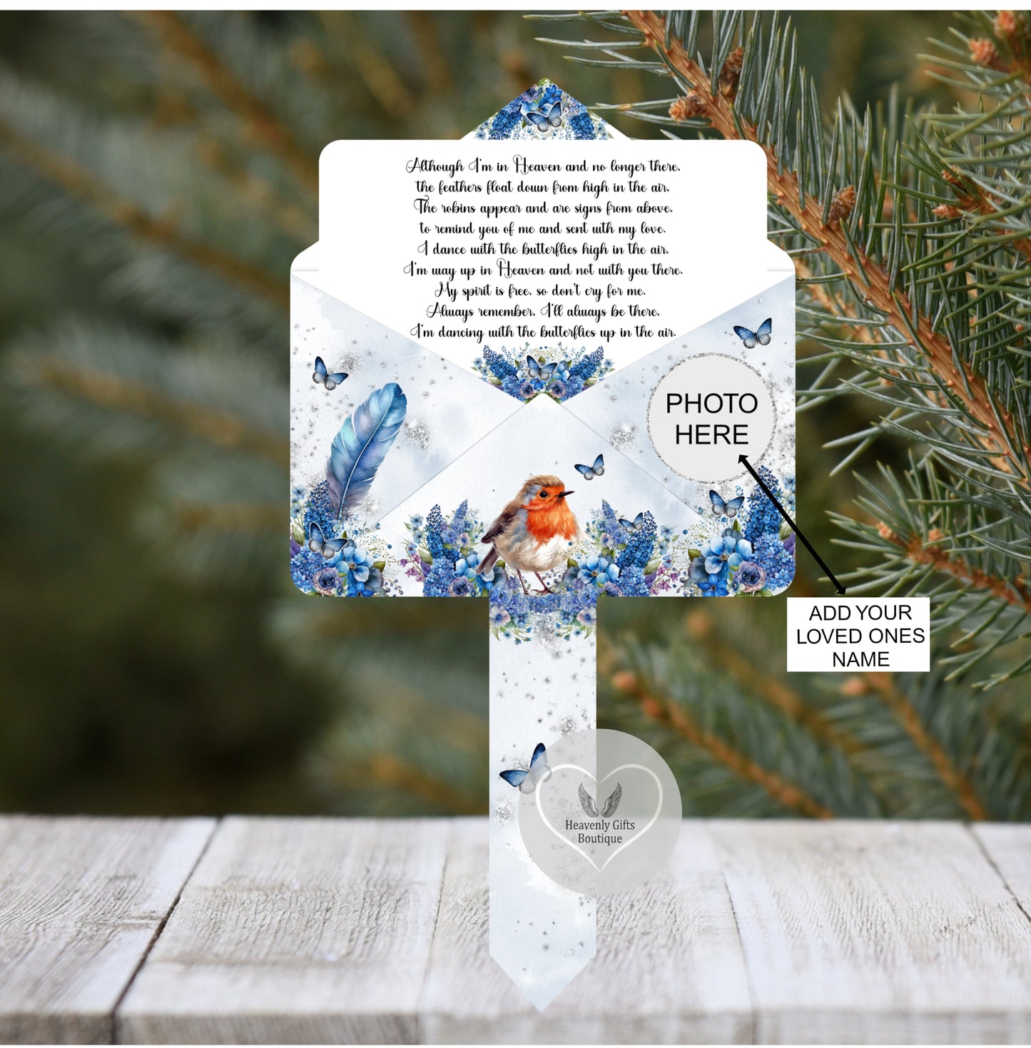 Robin memorial marker with blue feather design with photo panel