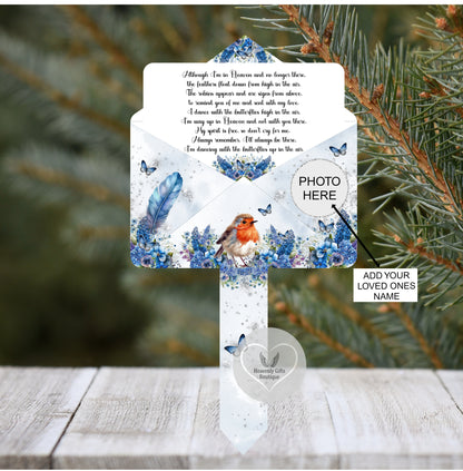 Robin memorial marker with blue feather design with photo panel