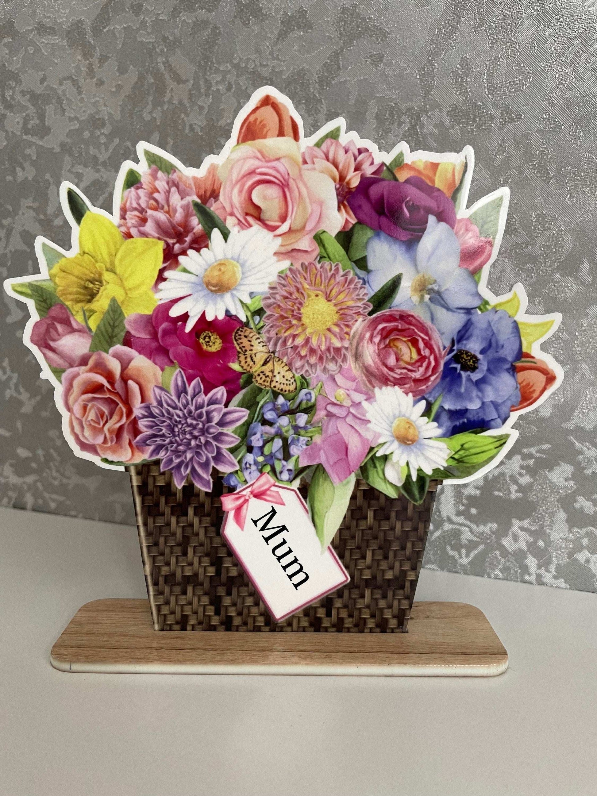 Personalised flower bouquet plaque displayed on its stand