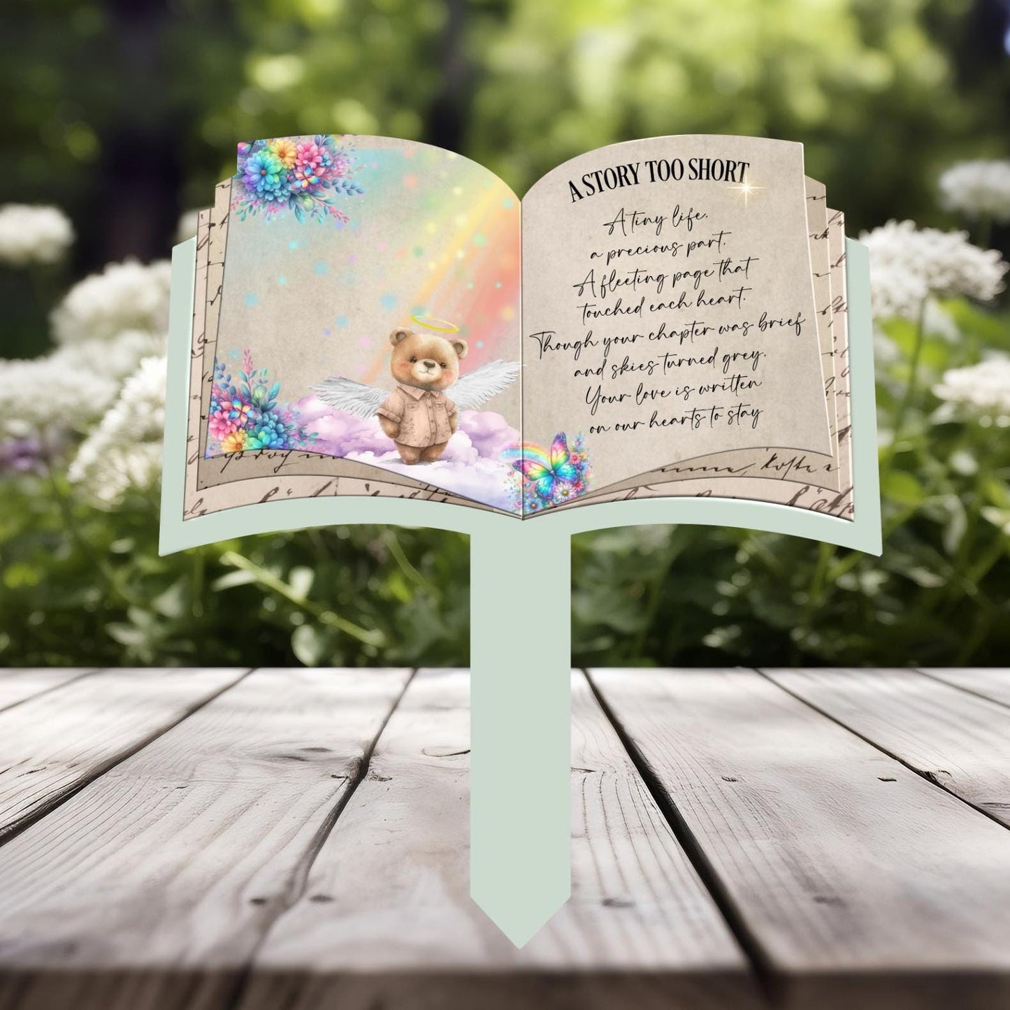 Personalised baby grave marker with photo and A Story Too Short poem